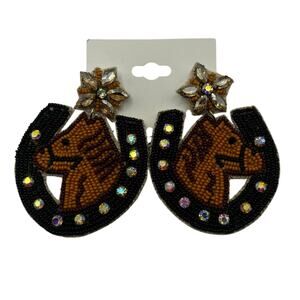 NEW Horse Horseshoe Derby Beaded Rhinestone Black Brown Earrings Post